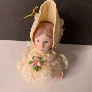 Vintage 1980S CHARISMA PORCELAIN LADY DOLL HEAD  Christmas Ornament  4" BY 2.5"